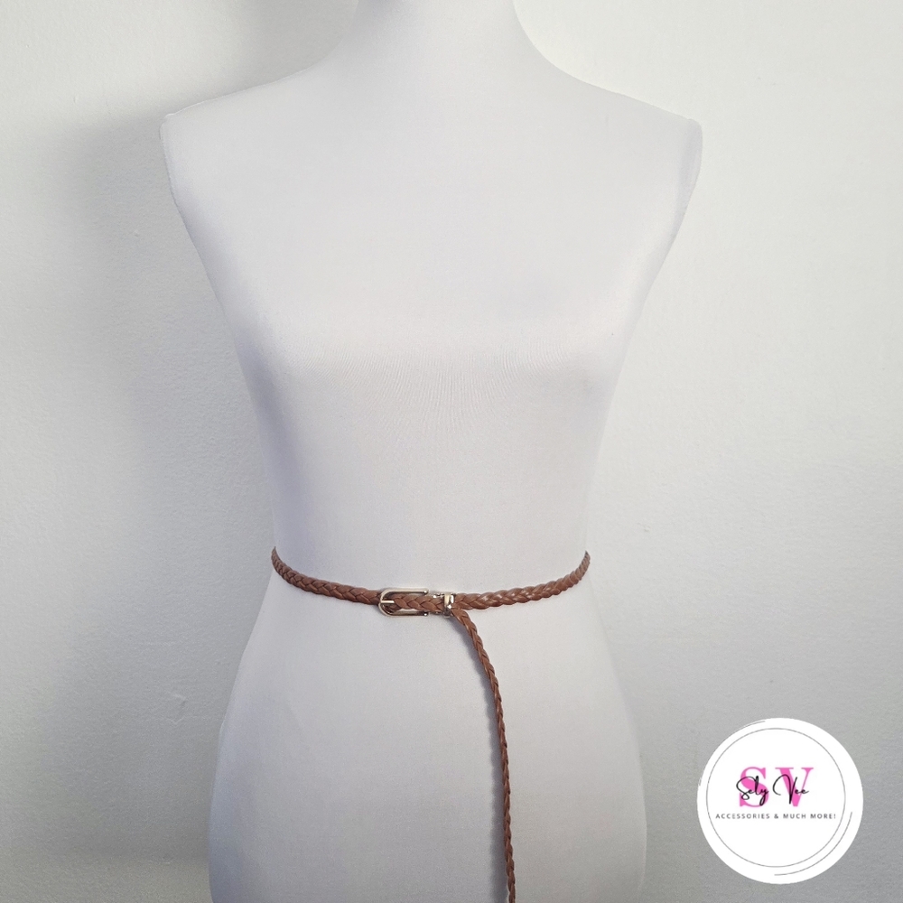 Brown thin braided belt with gold buckle